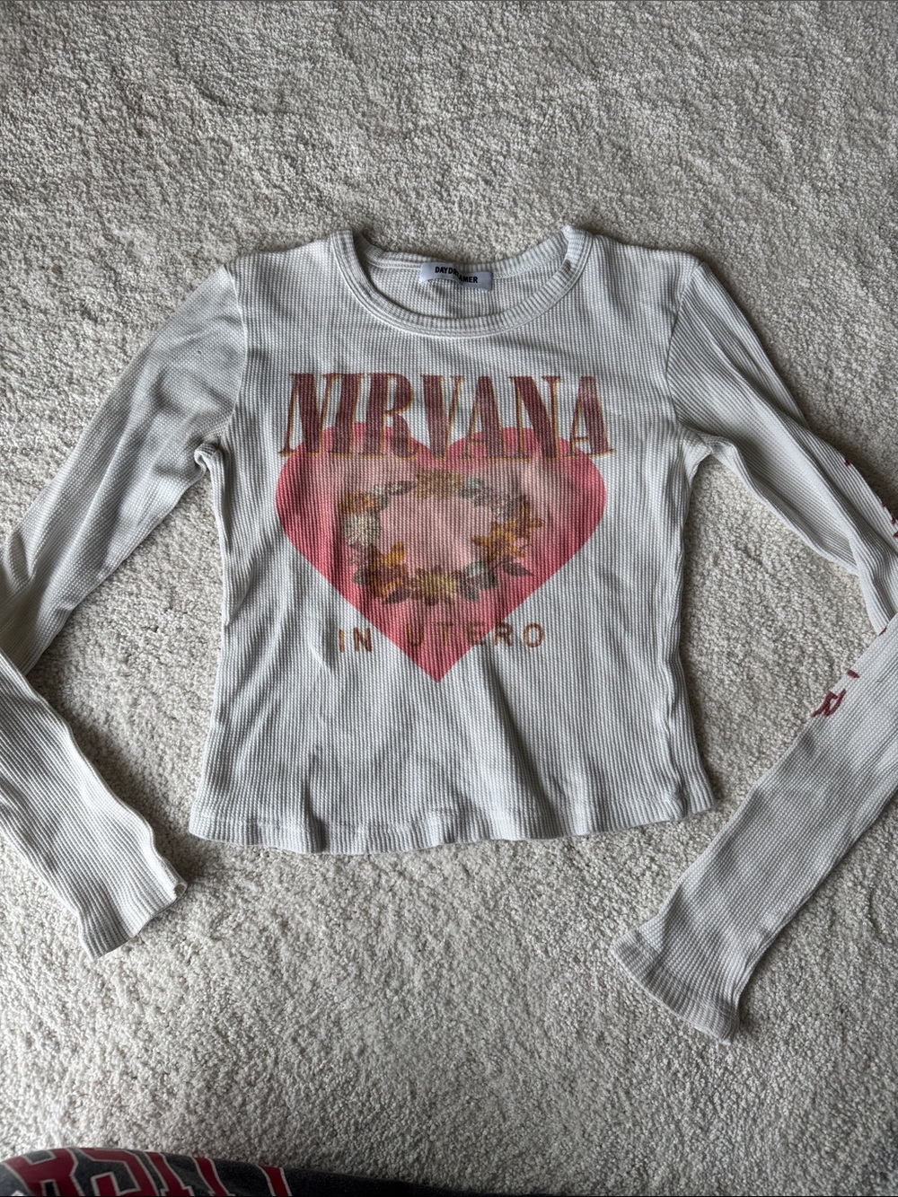 NIRVANA DayDreamer White Ribbed Long Sleeve Tee with Pink Heart Graphic